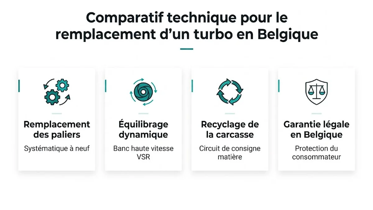 Comparatif technique pour le remplacement d'un turbo en Belgique : Remplacement des paliers, Systématique à neuf ; Équilibrage dynamique, Banc haute vitesse VSR ; Recyclage de la carcasse, Circuit de consigne matière ; Garantie légale en Belgique, Protection du consommateur