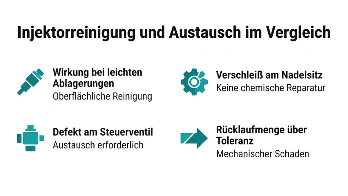 Injektorreinigung und Austausch im Vergleich : Wirkung bei leichten Ablagerungen, Oberflächliche Reinigung ; Verschleiß am Nadelsitz, Keine chemische Reparatur ; Defekt am Steuerventil, Austausch erforderlich ; Rücklaufmenge über Toleranz, Mechanischer Schaden