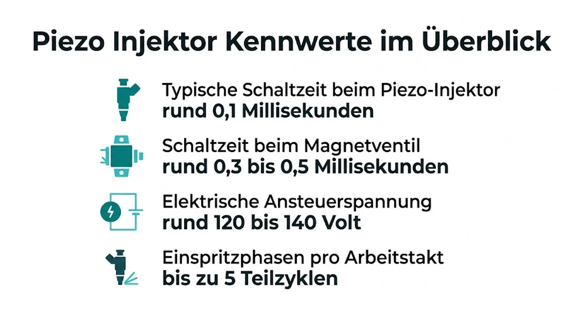 Piezo Injektor Kennwerte im Überblick : Typische Schaltzeit beim Piezo-Injektor, rund 0,1 Millisekunden ; Schaltzeit beim Magnetventil, rund 0,3 bis 0,5 Millisekunden ; Elektrische Ansteuerspannung, rund 120 bis 140 Volt ; Einspritzphasen pro Arbeitstakt, bis zu 5 Teilzyklen