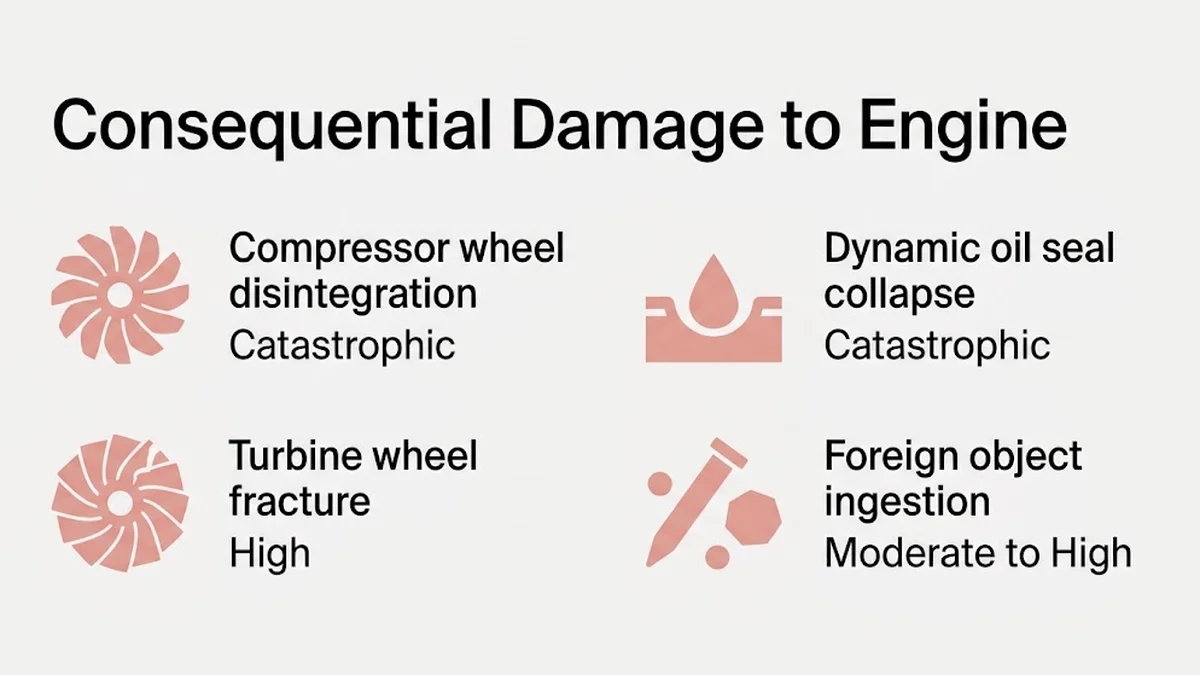 Consequential Damage to Engine : Compressor wheel disintegration, Catastrophic ; Dynamic oil seal collapse, Catastrophic ; Turbine wheel fracture, High ; Foreign object ingestion, Moderate to High