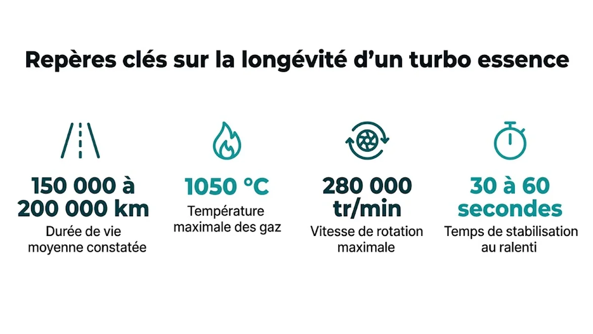 Repères clés sur la longévité d'un turbo essence : Durée de vie moyenne constatée, 150 000 à 200 000 km ; Température maximale des gaz, 1050 °C ; Vitesse de rotation maximale, 280 000 tr/min ; Temps de stabilisation au ralenti, 30 à 60 secondes