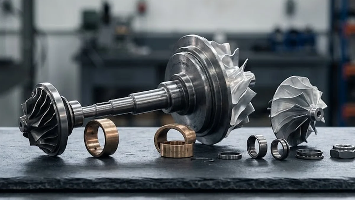 A disassembled turbocharger rotating assembly with polished turbine blades resting on a dark slate inspection plate in a workshop.