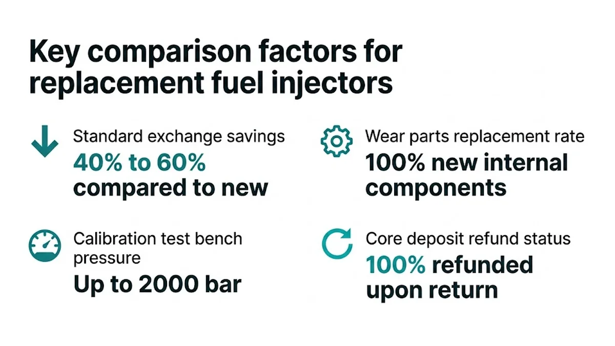 Key comparison factors for replacement fuel injectors : Standard exchange savings, 40% to 60% compared to new ; Wear parts replacement rate, 100% new internal components ; Calibration test bench pressure, Up to 2000 bar ; Core deposit refund status, 100% refunded upon return