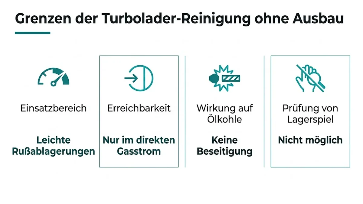 Grenzen der Turbolader-Reinigung ohne Ausbau : Einsatzbereich, Leichte Rußablagerungen ; Erreichbarkeit, Nur im direkten Gasstrom ; Wirkung auf Ölkohle, Keine Beseitigung ; Prüfung von Lagerspiel, Nicht möglich