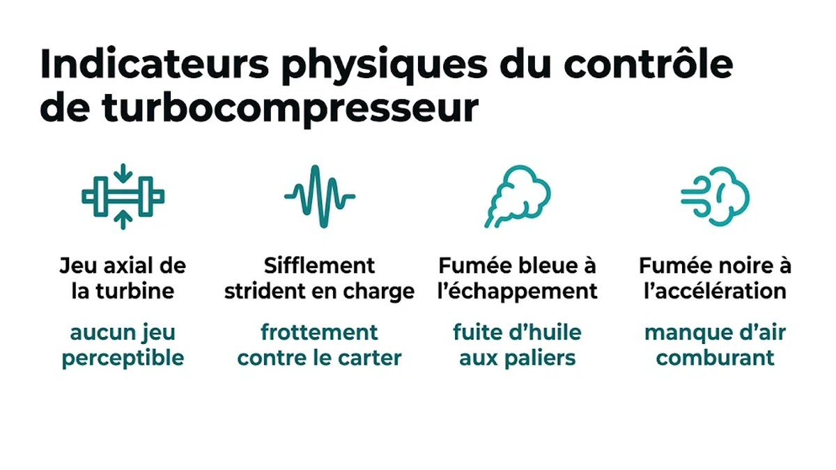 Indicateurs physiques du contrôle de turbocompresseur : Jeu axial de la turbine, aucun jeu perceptible ; Sifflement strident en charge, frottement contre le carter ; Fumée bleue à l'échappement, fuite d'huile aux paliers ; Fumée noire à l'accélération, manque d'air comburant