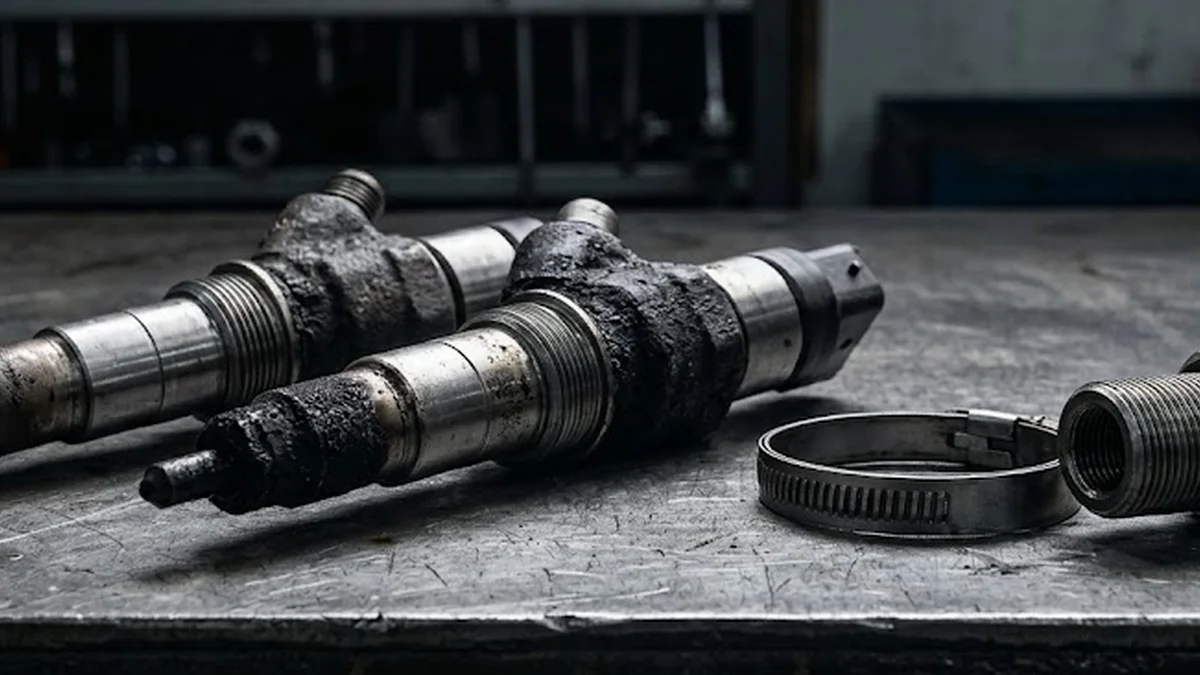 Two carbon-encrusted diesel fuel injectors and steel extraction adaptors resting on a cast iron workshop bench.