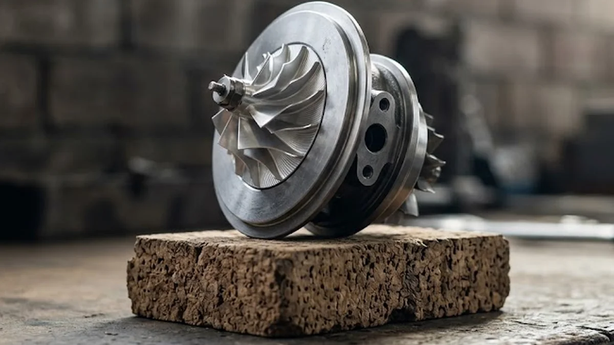 Cartouche centrale de turbocompresseur avec roue compresseur en aluminium et corps central en acier poli posée sur liège.