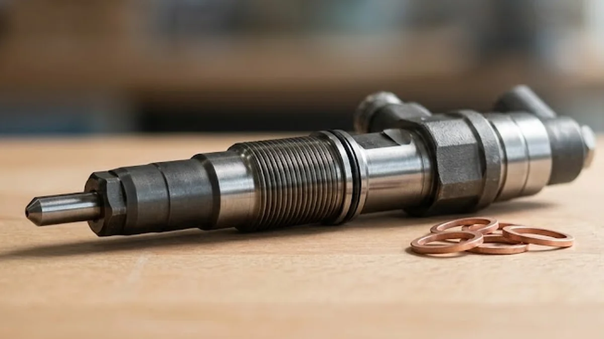 Ein metallischer Common-Rail-Injektor liegt neben kupferfarbenen Dichtringen auf einer Werkbank aus Holz.