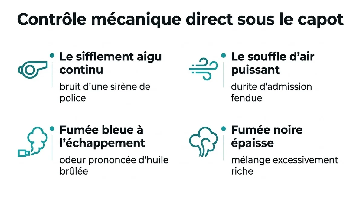 Contrôle mécanique direct sous le capot : Le sifflement aigu continu, bruit d'une sirène de police ; Le souffle d'air puissant, durite d'admission fendue ; Fumée bleue à l'échappement, odeur prononcée d'huile brûlée ; Fumée noire épaisse, mélange excessivement riche