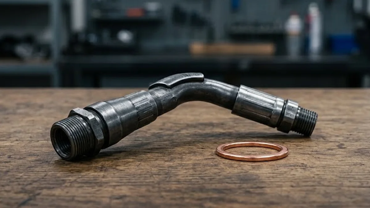 Canalisation rigide d'alimentation en huile et joint d'étanchéité neuf en cuivre sur établi.
