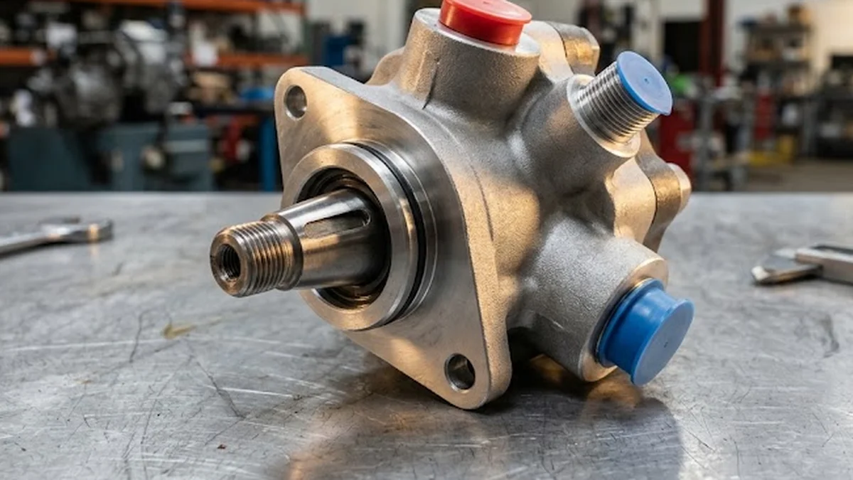 Remanufactured high-pressure diesel fuel pump fitted with protective port caps on an inspection table