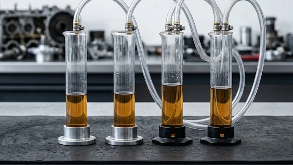 Vier Messgläser zur Überprüfung der Diesel-Rücklaufmenge auf einer Gummimatte in der Werkstatt.