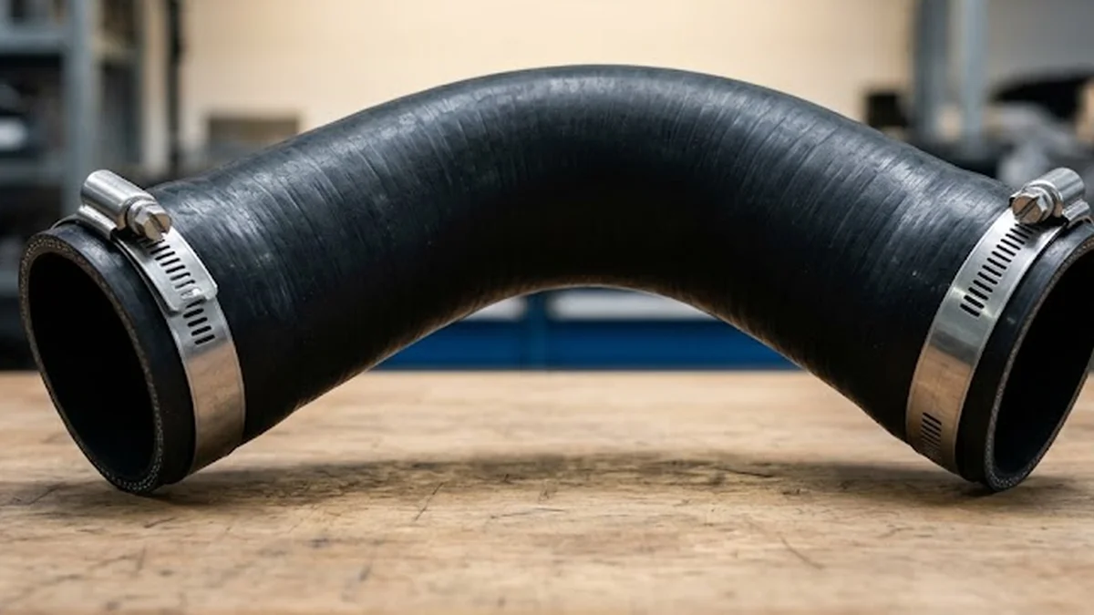 Black reinforced silicone intercooler hose with stainless steel clamps on a wooden workbench in a workshop.