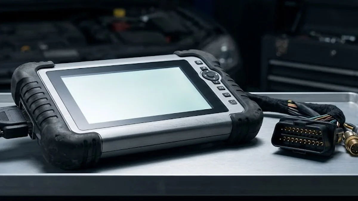 Diagnostic programming scanner and wiring harness connector on a metal tray, used for entering injector calibration codes into the ECU.