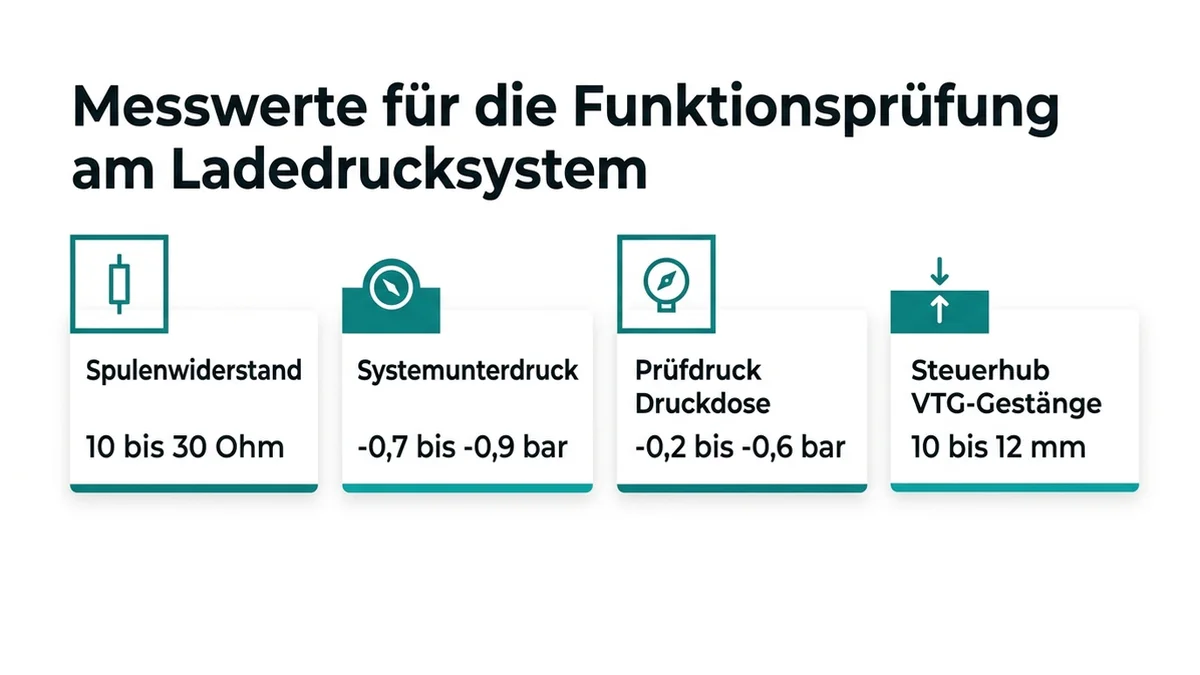 Messwerte für die Funktionsprüfung am Ladedrucksystem : Spulenwiderstand, 10 bis 30 Ohm ; Systemunterdruck, -0,7 bis -0,9 bar ; Prüfdruck Druckdose, -0,2 bis -0,6 bar ; Steuerhub VTG-Gestänge, 10 bis 12 mm
