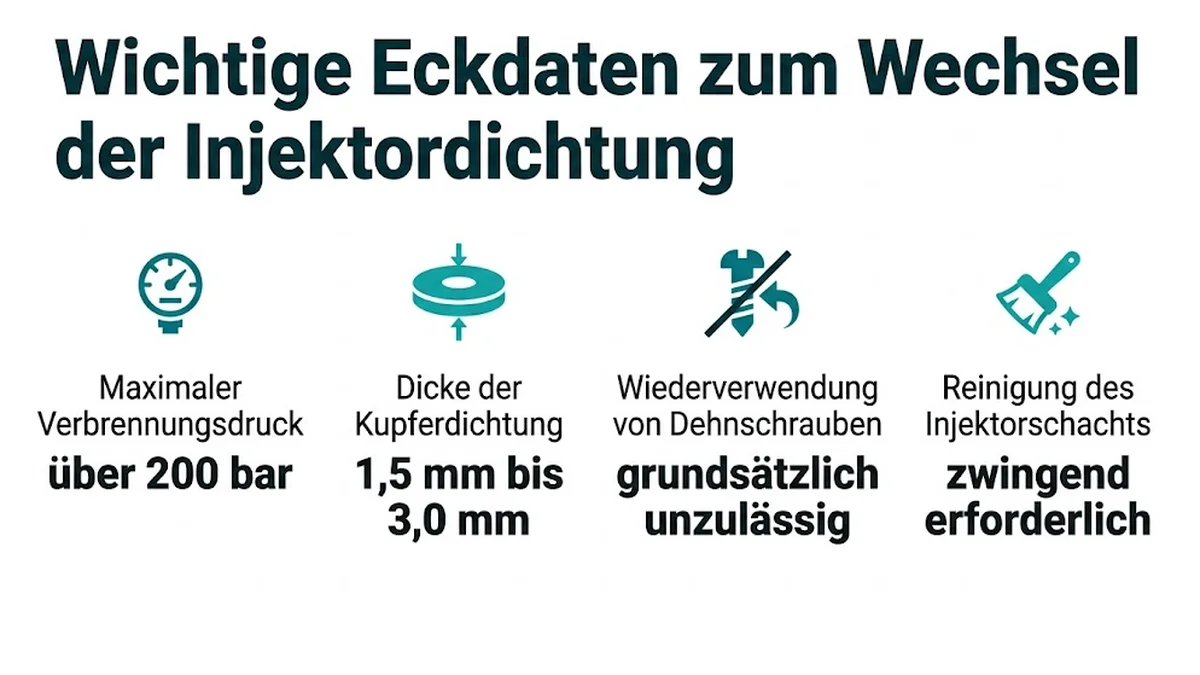 Wichtige Eckdaten zum Wechsel der Injektordichtung : Maximaler Verbrennungsdruck, über 200 bar ; Dicke der Kupferdichtung, 1,5 mm bis 3,0 mm ; Wiederverwendung von Dehnschrauben, grundsätzlich unzulässig ; Reinigung des Injektorschachts, zwingend erforderlich