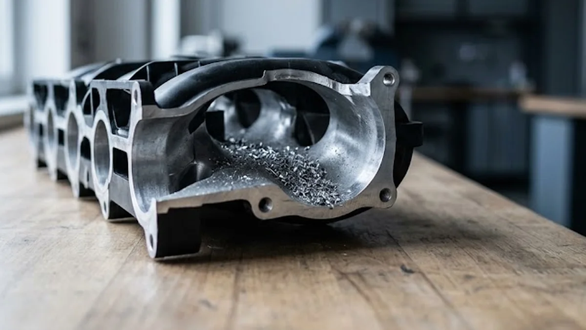 Engine intake runner contaminated with metallic particles from a disintegrated turbocharger compressor.