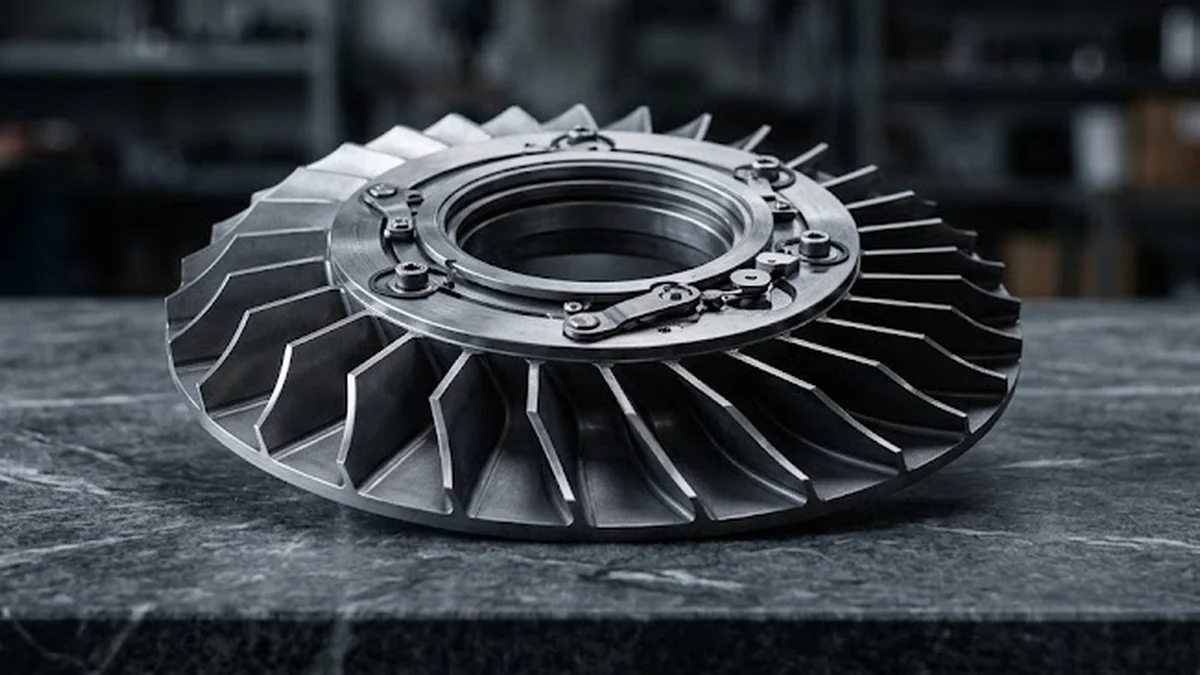 Couronne à géométrie variable de turbocompresseur montrant les ailettes directrices articulées sur un plateau de marbre.