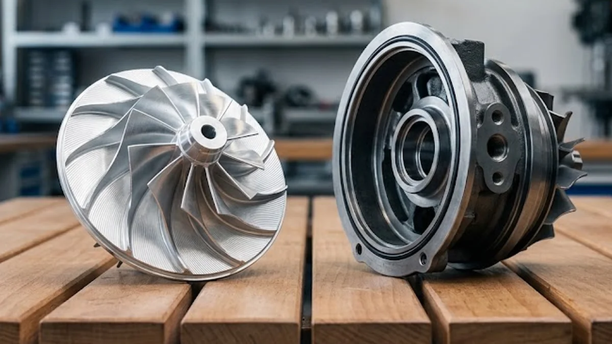 Gefrästes Verdichterrad aus Aluminium neben der Rumpfgruppe eines Turboladers auf einer Holzwerkbank