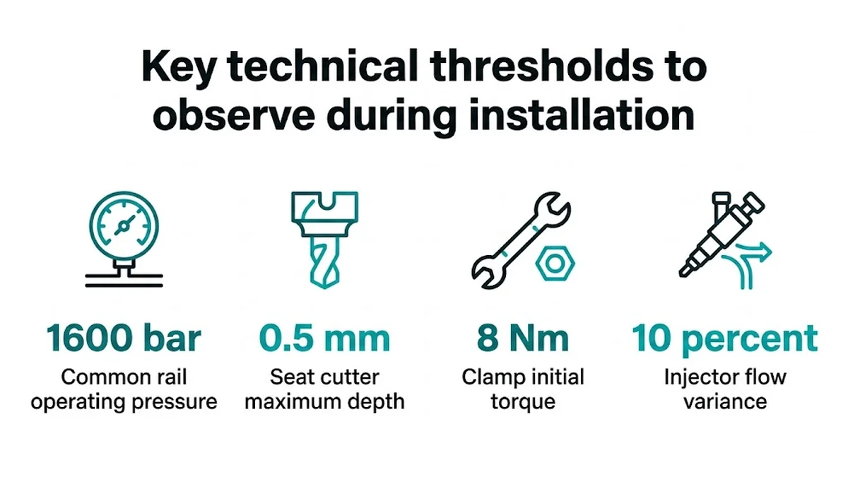 Key technical thresholds to observe during installation : Common rail operating pressure, 1600 bar ; Seat cutter maximum depth, 0.5 mm ; Clamp initial torque, 8 Nm ; Injector flow variance, 10 percent