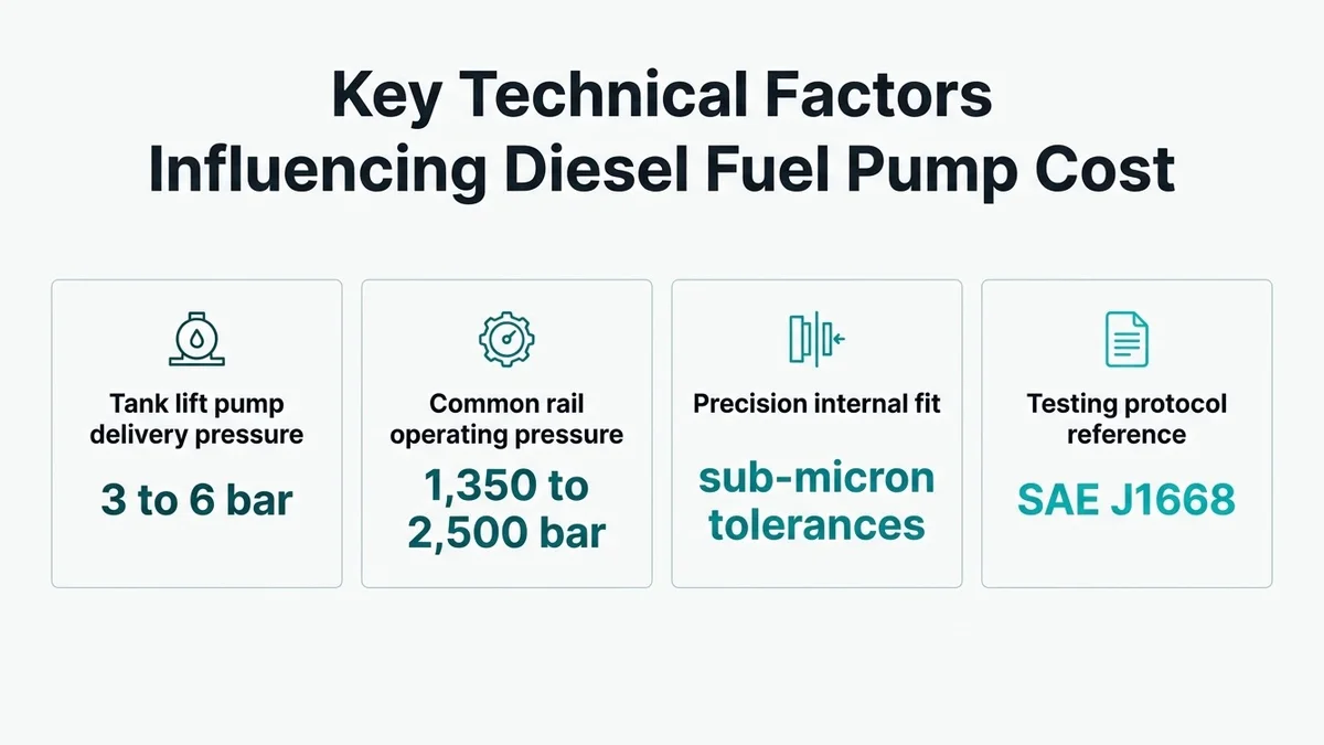 Key Technical Factors Influencing Diesel Fuel Pump Cost : Tank lift pump delivery pressure, 3 to 6 bar ; Common rail operating pressure, 1,350 to 2,500 bar ; Precision internal fit, sub-micron tolerances ; Testing protocol reference, SAE J1668