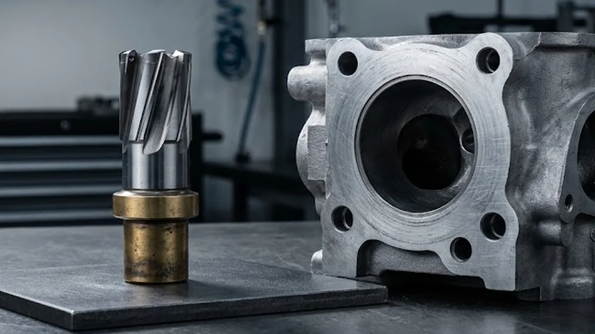 Specialized injector seat cutter tool with brass pilot guide resting beside an aluminium cylinder head port on a workshop bench.