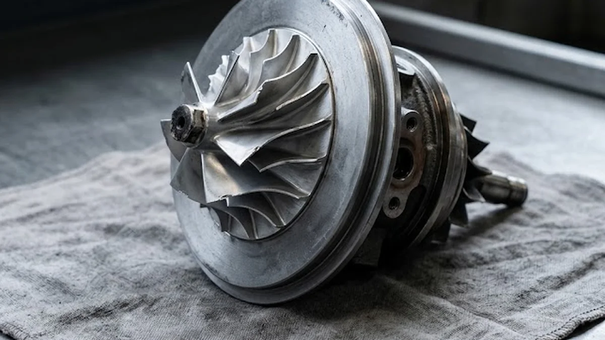 Roue de compresseur de turbo en aluminium montrant des ailettes abîmées posée sur un établi d'atelier.