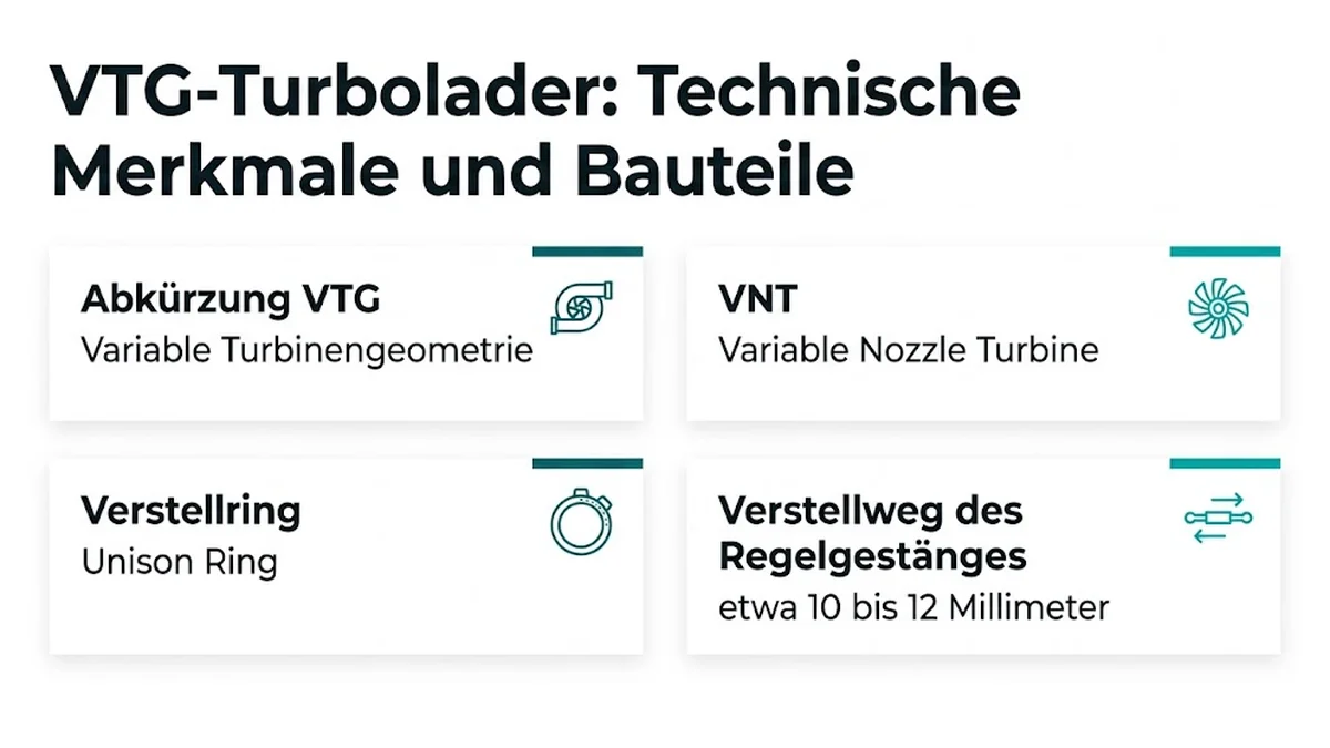 VTG-Turbolader: Technische Merkmale und Bauteile : Abkürzung VTG, Variable Turbinengeometrie ; VNT, Variable Nozzle Turbine ; Verstellring, Unison Ring ; Verstellweg des Regelgestänges, etwa 10 bis 12 Millimeter