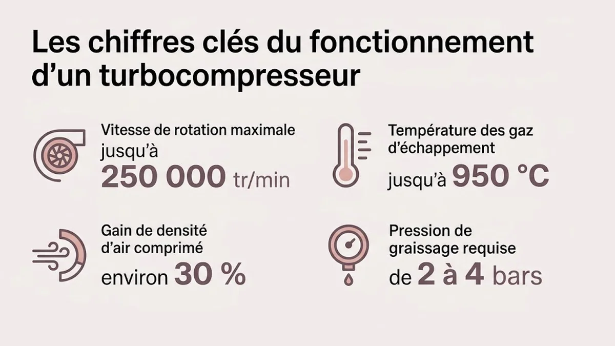 Les chiffres clés du fonctionnement d'un turbocompresseur : Vitesse de rotation maximale, jusqu'à 250 000 tr/min ; Température des gaz d'échappement, jusqu'à 950 °C ; Gain de densité d'air comprimé, environ 30 % ; Pression de graissage requise, de 2 à 4 bars