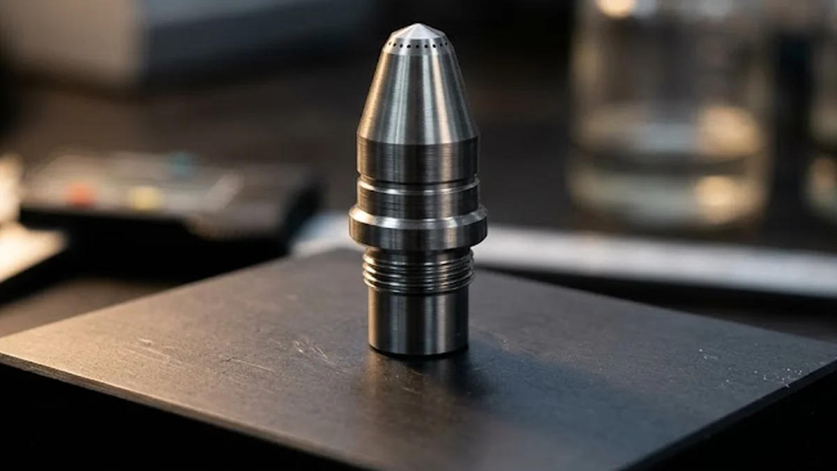 Close view of a diesel fuel injector nozzle tip on an inspection block showing spray holes.