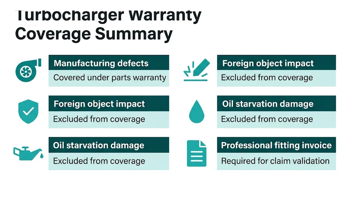 Turbocharger Warranty Coverage Summary : Manufacturing defects, Covered under parts warranty ; Foreign object impact, Excluded from coverage ; Oil starvation damage, Excluded from coverage ; Professional fitting invoice, Required for claim validation