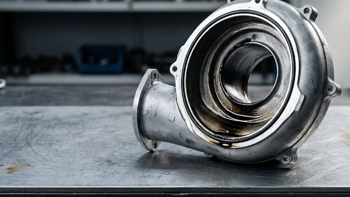 Conduit d'admission de turbo démonté laissant apparaître un dépôt d'huile moteur liquide.