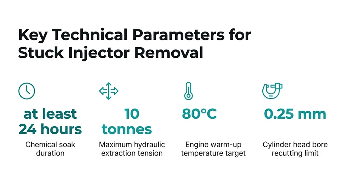 Key Technical Parameters for Stuck Injector Removal : Chemical soak duration, at least 24 hours ; Maximum hydraulic extraction tension, 10 tonnes ; Engine warm-up temperature target, 80°C ; Cylinder head bore recutting limit, 0.25 mm