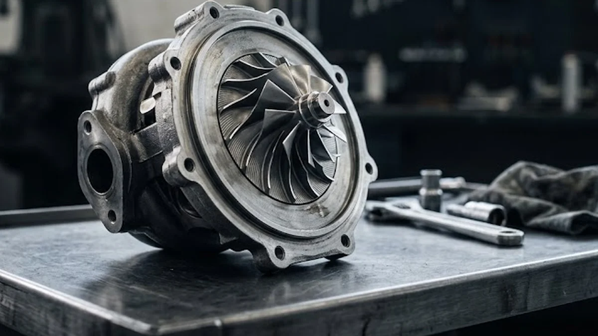 Roue de turbine et arbre central d'un turbocompresseur démonté reposant sur une surface métallique d'atelier.