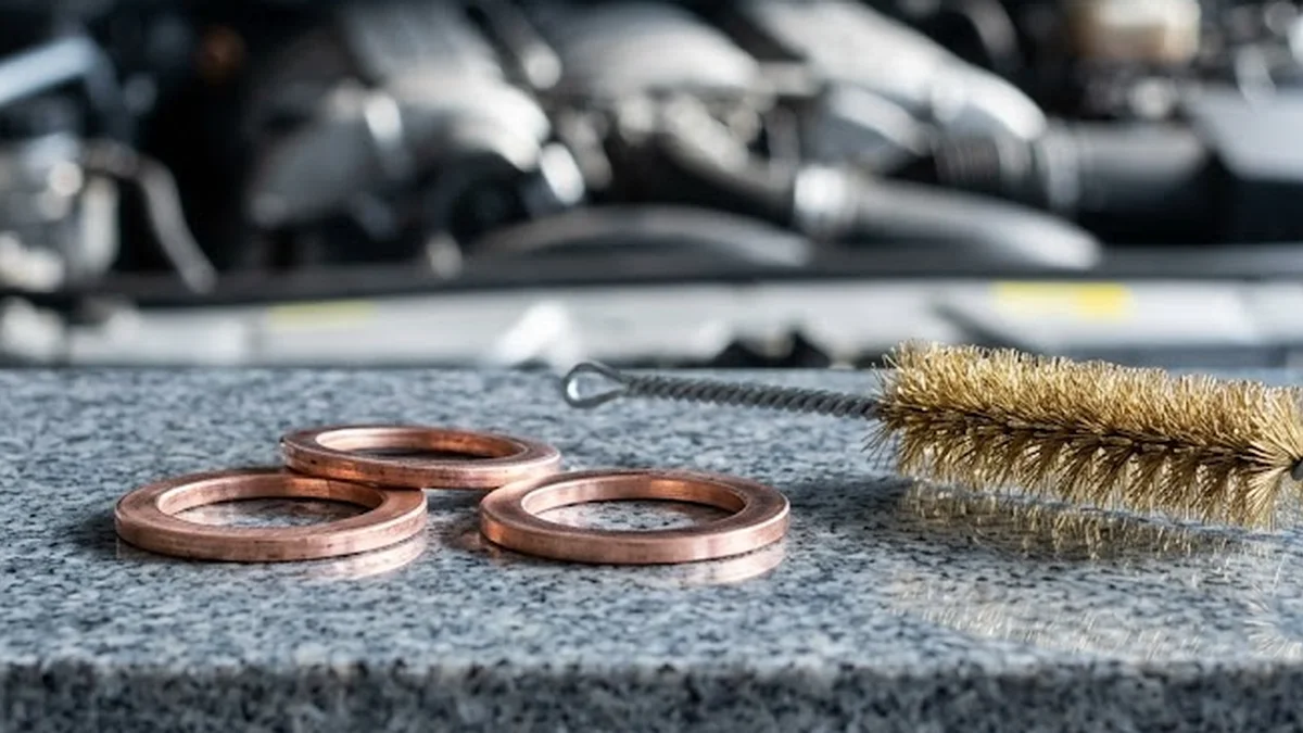 Three new copper injector sealing washers and a brass bore brush resting on a stone surface.