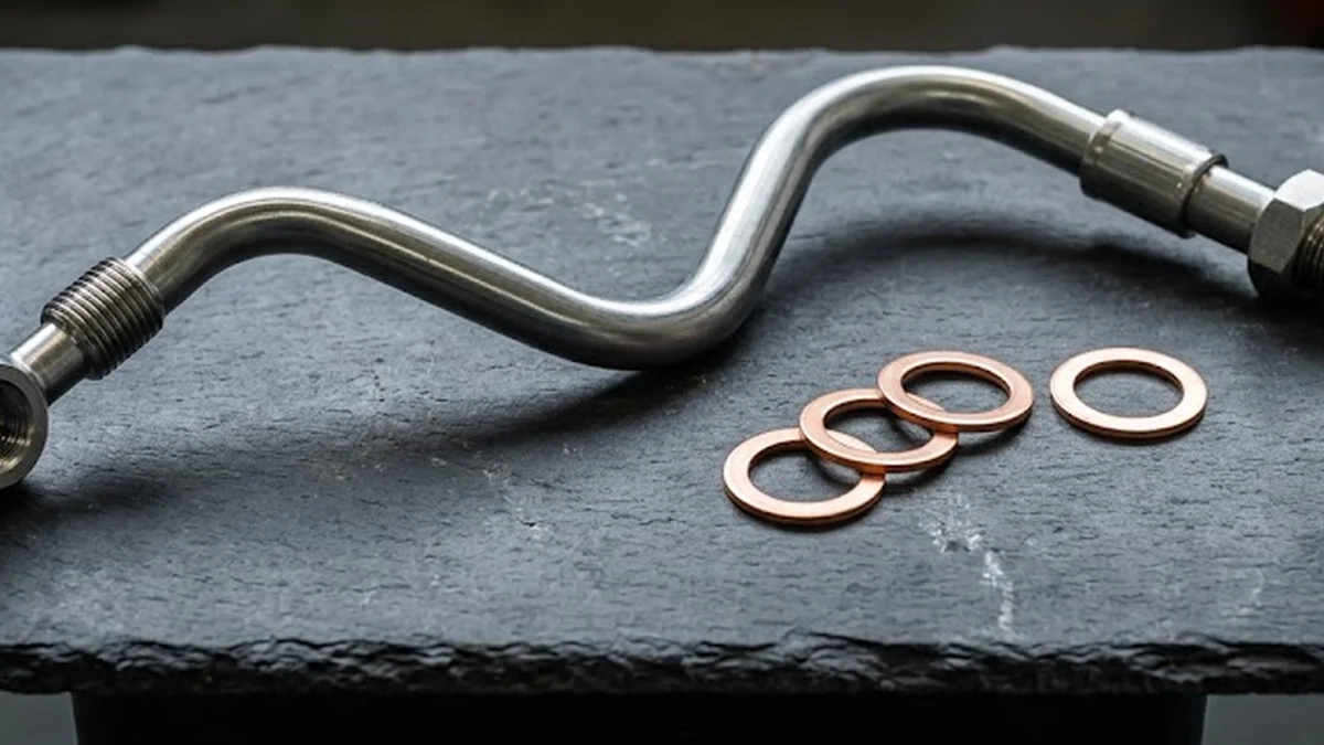 Metallic oil feed pipe and copper sealing washers placed on a slate inspection slab for turbo installation.