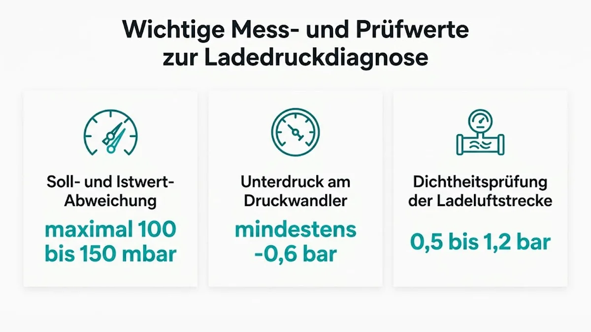 Wichtige Mess- und Prüfwerte zur Ladedruckdiagnose : Soll- und Istwert-Abweichung, maximal 100 bis 150 mbar ; Unterdruck am Druckwandler, mindestens -0,6 bar ; Dichtheitsprüfung der Ladeluftstrecke, 0,5 bis 1,2 bar
