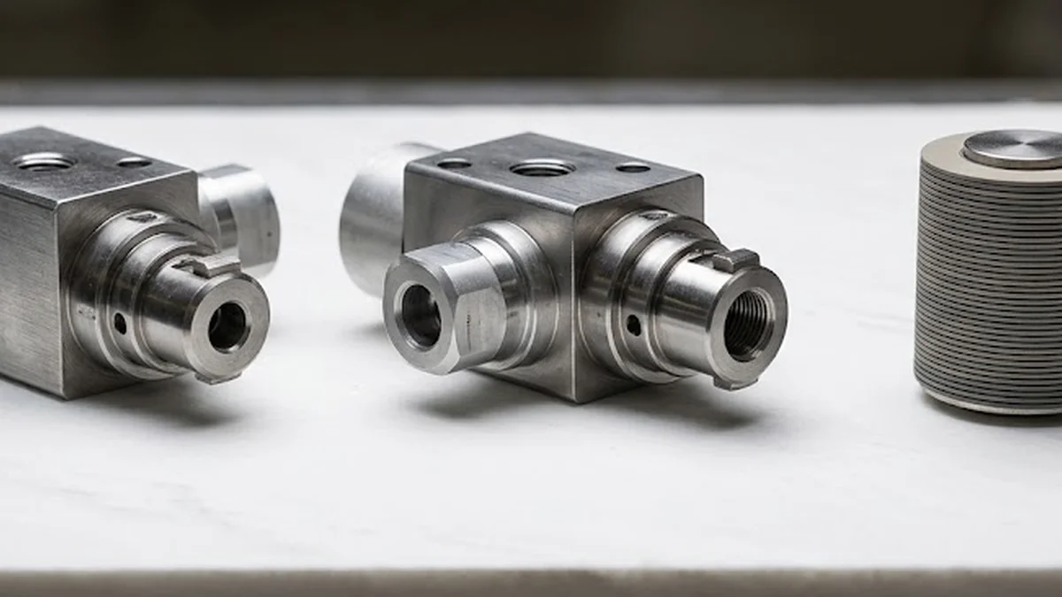 Filigrane mechanische Ventilelemente und ein zylindrischer Aktor auf einer weißen Schieferplatte im Werkstattlicht.