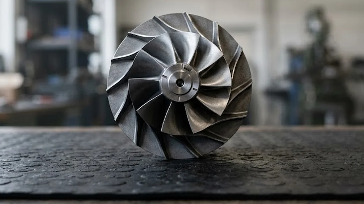 Precision steel compressor wheel with balancing cuts resting upright on a workshop rubber mat.