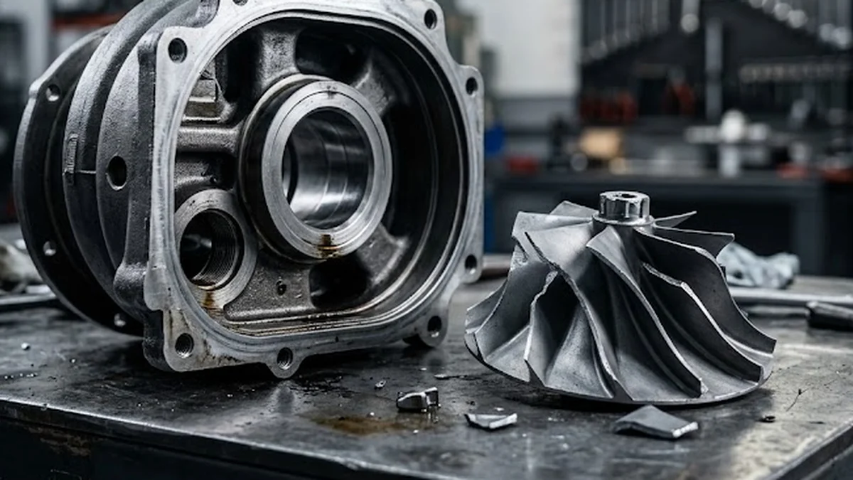 Fractured turbocharger compressor wheel and bearing housing on a workshop table showing mechanical blade damage.