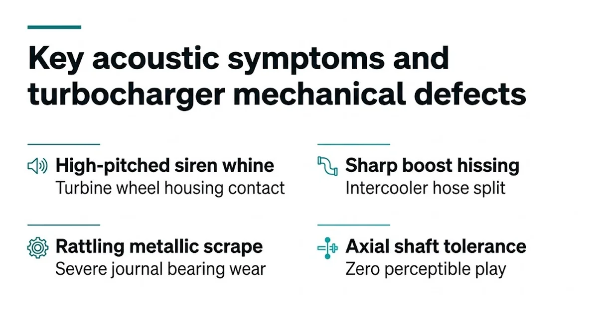 Key acoustic symptoms and turbocharger mechanical defects : High-pitched siren whine, Turbine wheel housing contact ; Sharp boost hissing, Intercooler hose split ; Rattling metallic scrape, Severe journal bearing wear ; Axial shaft tolerance, Zero perceptible play
