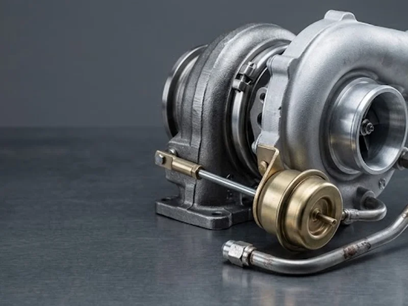 Turbolader Opel im Austausch: kleiner Diesel-Turbolader mit Wastegate und gebogenen Ölleitungen aus Stahl
