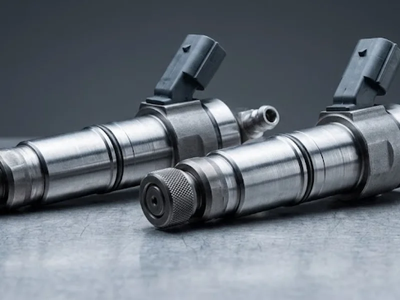 Zwei Common-Rail-Injektoren für Diesel, neu oder im Austausch, Körper aus gefrästem Stahl mit Düsenmutter und Stecker