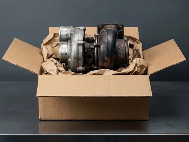 Core deposit and exchange: used turbocharger with heat-darkened housing in an open shipping box, ready to return