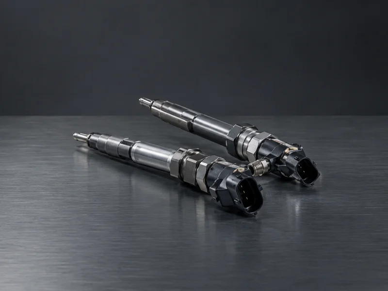 Injektor Audi im Austausch: zwei Piezo-Injektoren mit langem Körper, schwarze Stecker im Vordergrund